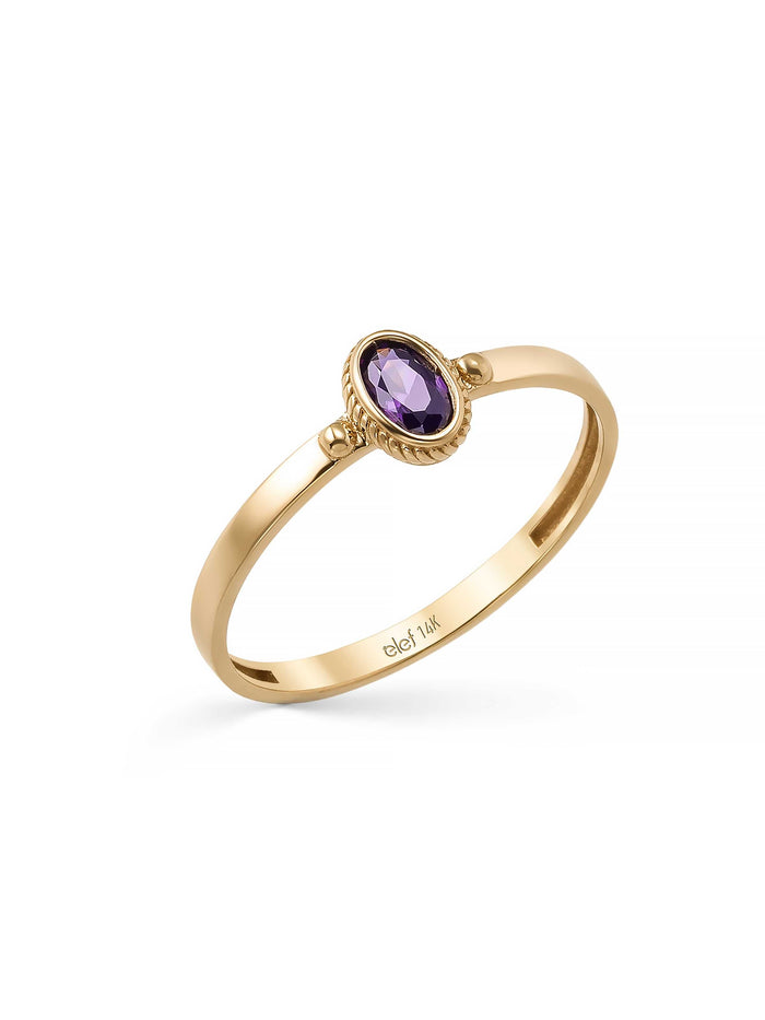 Oval Kesim Mor Taşlı Minimal 14K Altın Yüzük