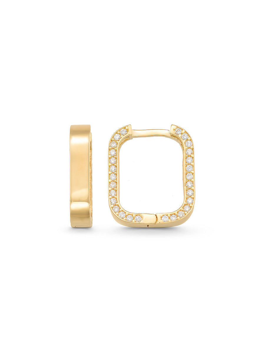 Oval Köşeli Sıralı Taşlı Küpe 14K Altın Küpe