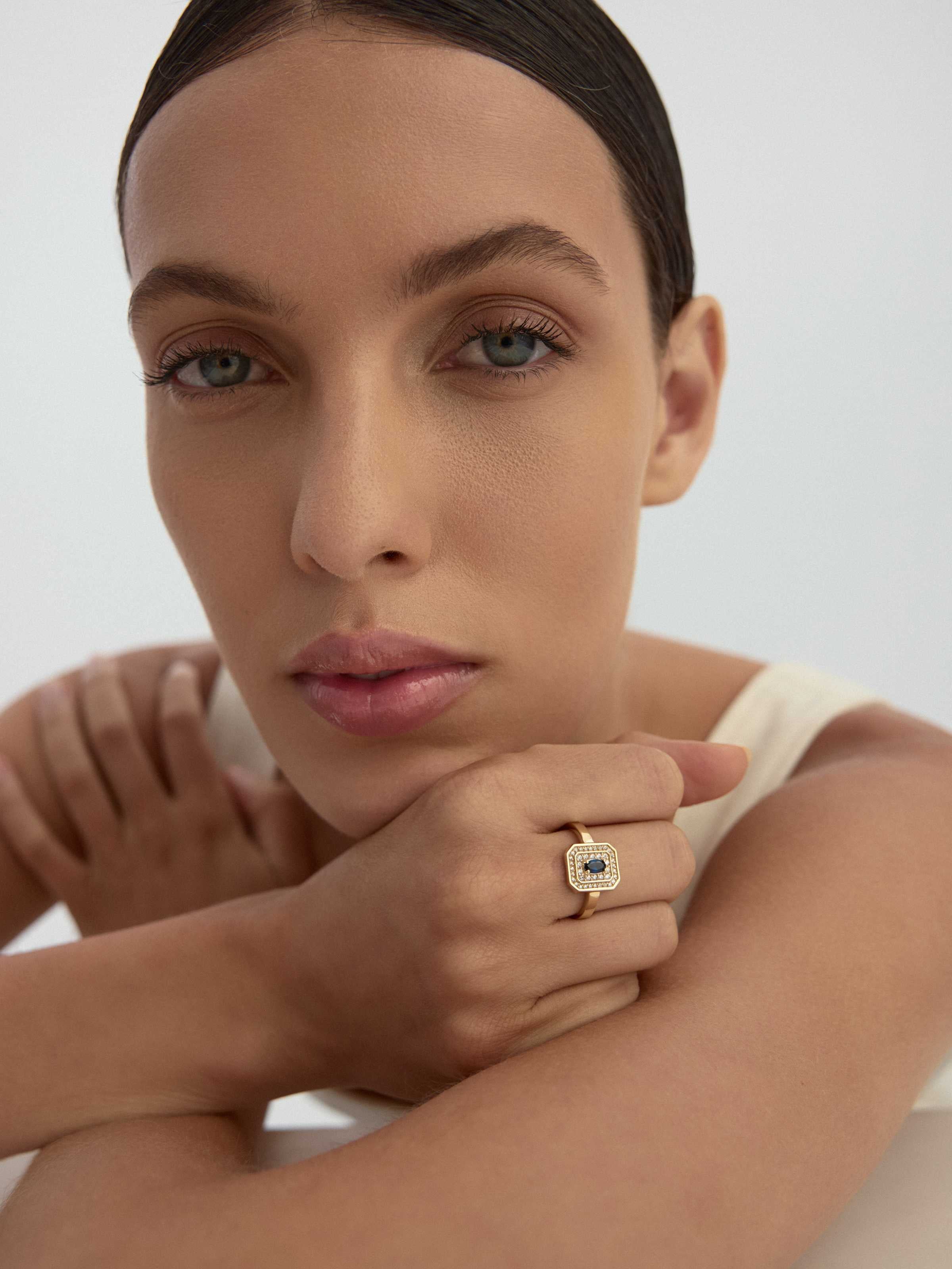 Oval Safir Rengi Taşlı Art Deco 14K Altın Yüzük - Elef Kuyumculuk