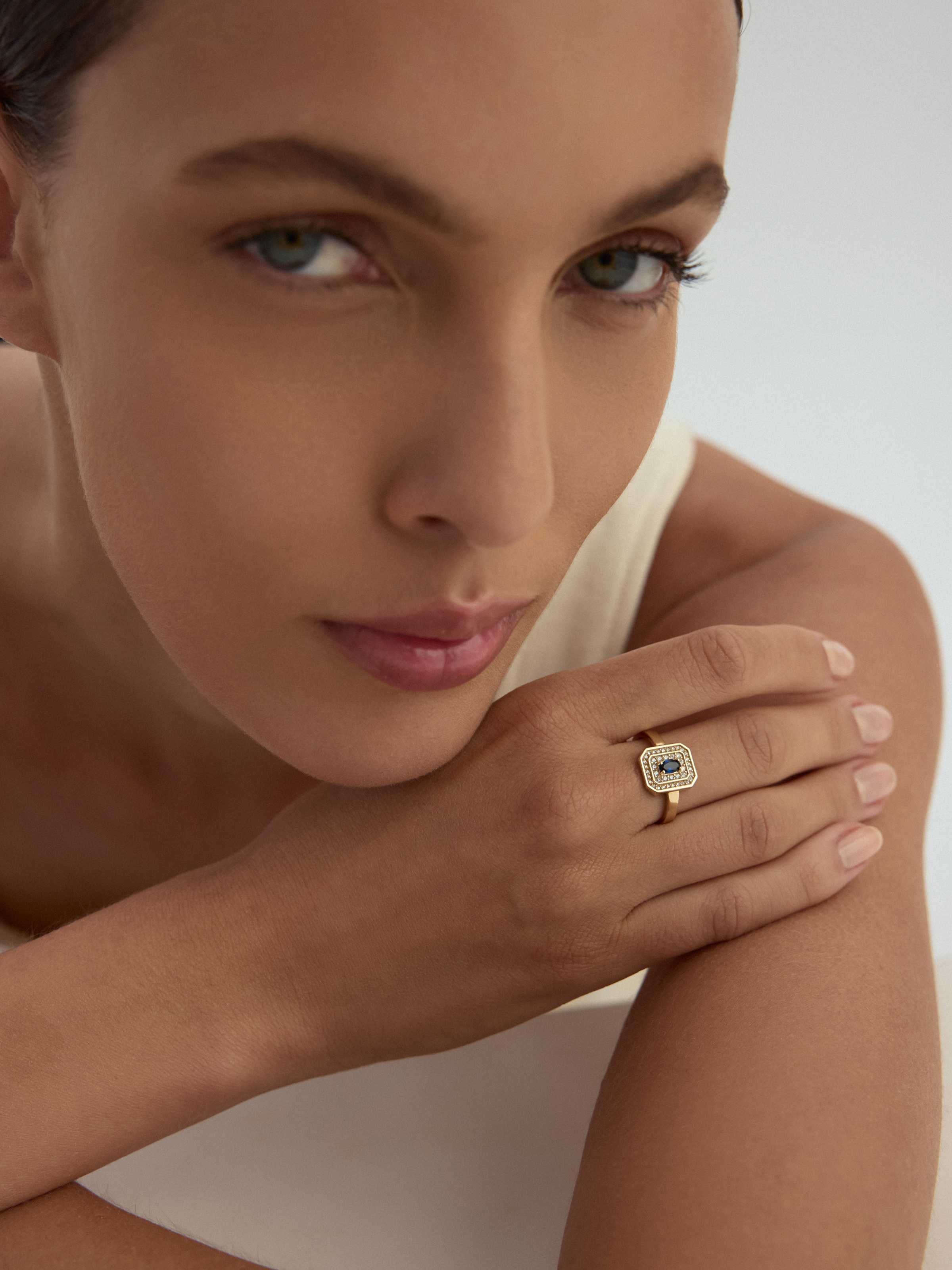 Oval Safir Rengi Taşlı Art Deco 14K Altın Yüzük - Elef Kuyumculuk