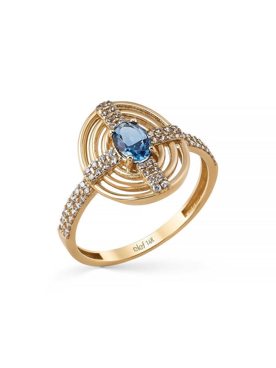 Oval Safir Rengi Taşlı Çizgisel 14K Altın Yüzük