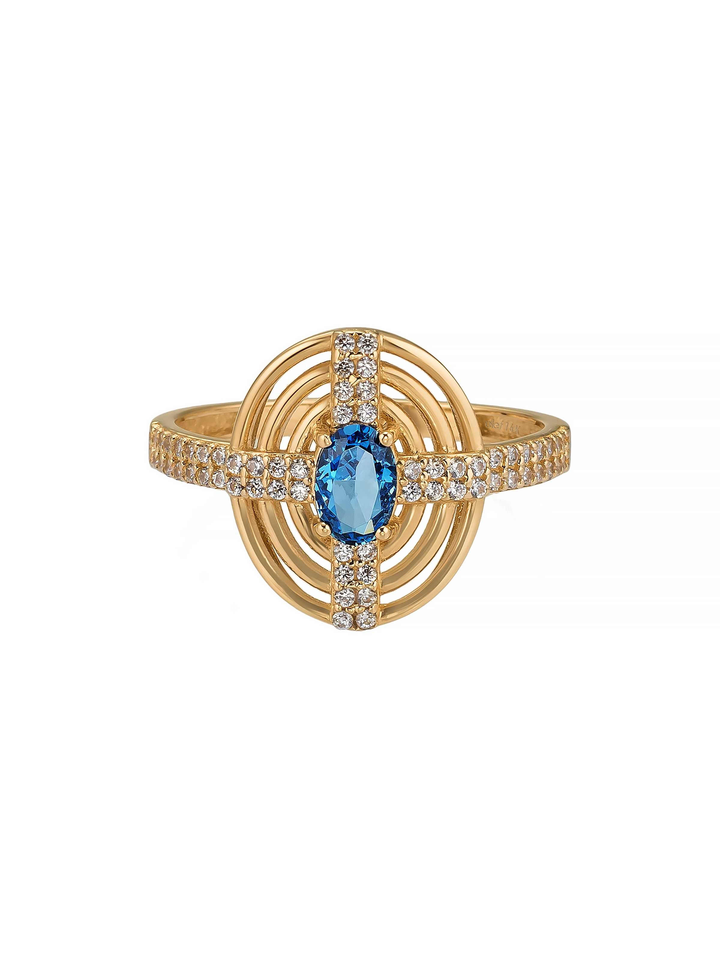 Oval Safir Rengi Taşlı Çizgisel 14K Altın Yüzük - Elef Kuyumculuk