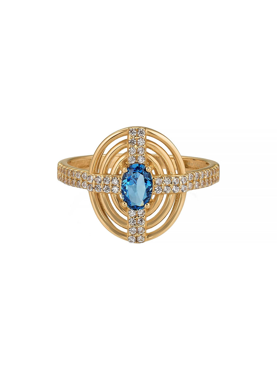 Oval Safir Rengi Taşlı Çizgisel 14K Altın Yüzük
