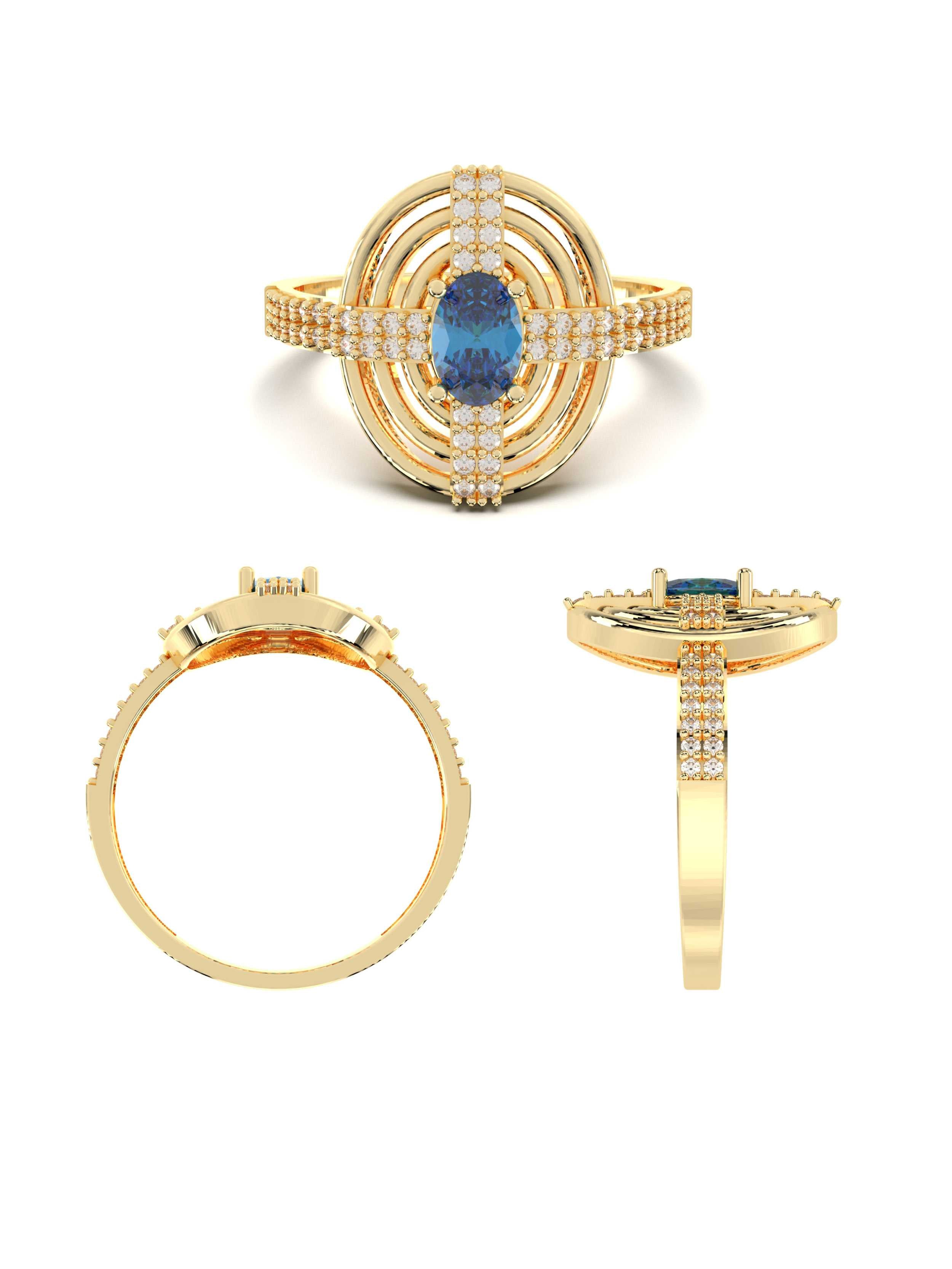 Oval Safir Rengi Taşlı Çizgisel 14K Altın Yüzük - Elef Kuyumculuk