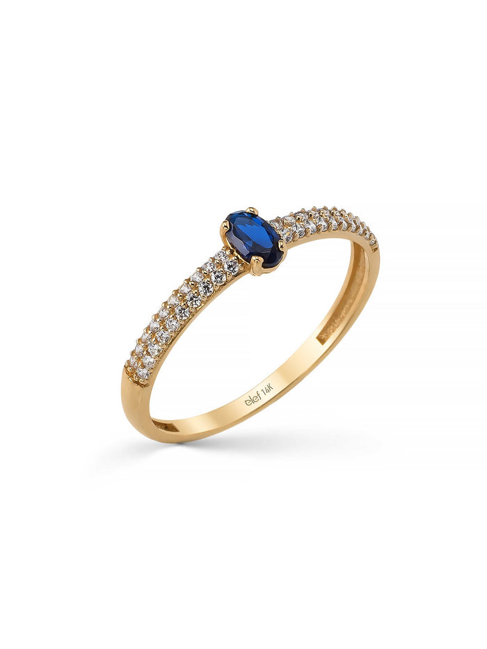 Oval Safir Rengi Taşlı Üç Sıra Pırlanta Görünümlü 14K Altın Yüzük