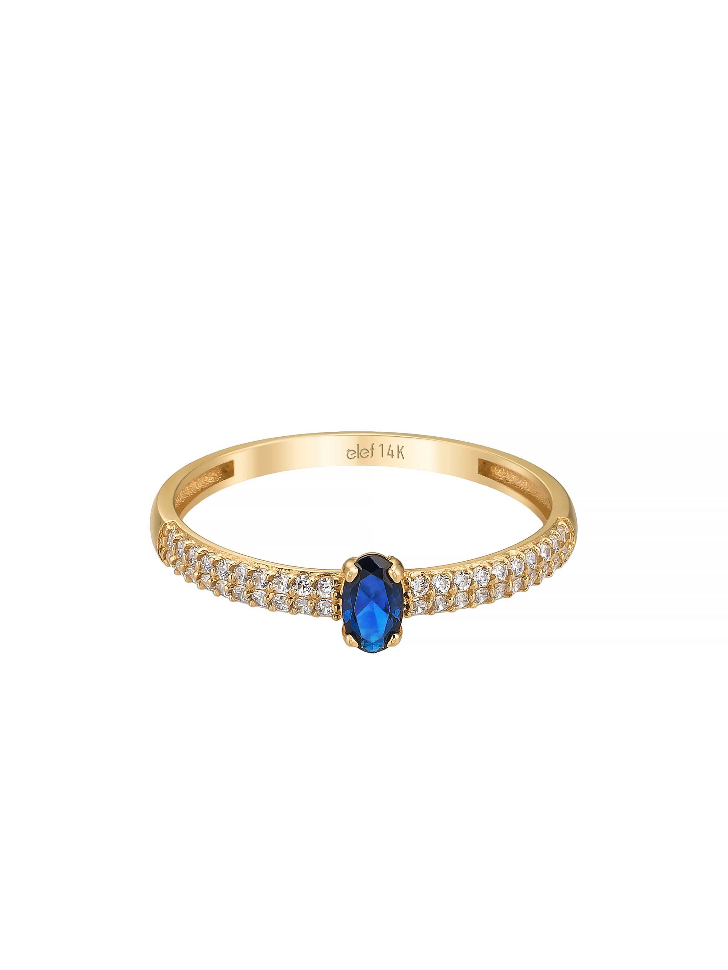 Oval Safir Rengi Taşlı Üç Sıra Pırlanta Görünümlü 14K Altın Yüzük - Elef Kuyumculuk