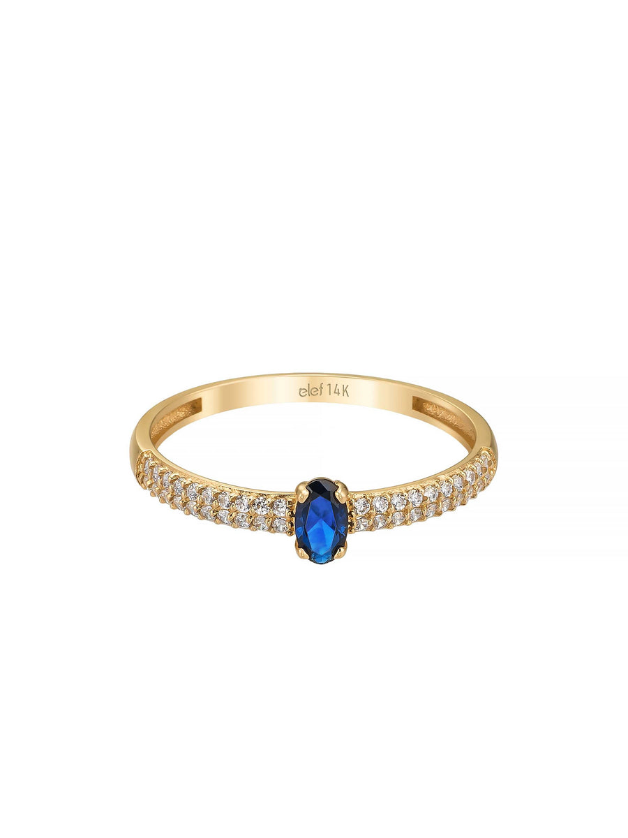 Oval Safir Rengi Taşlı Üç Sıra Pırlanta Görünümlü 14K Altın Yüzük