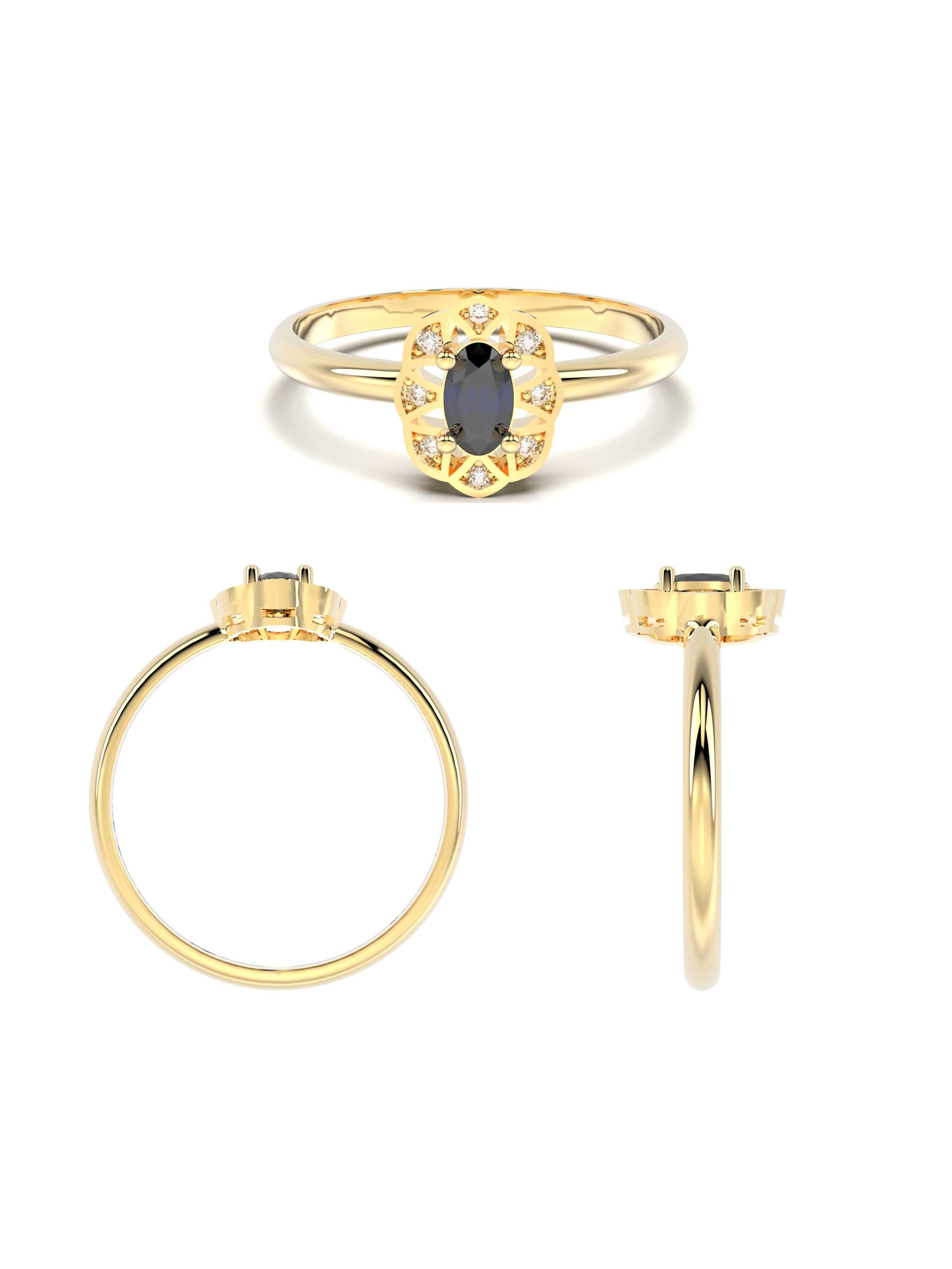 Oval Safir Rengi Taşlı Vintage 14K Altın Yüzük - Elef Kuyumculuk