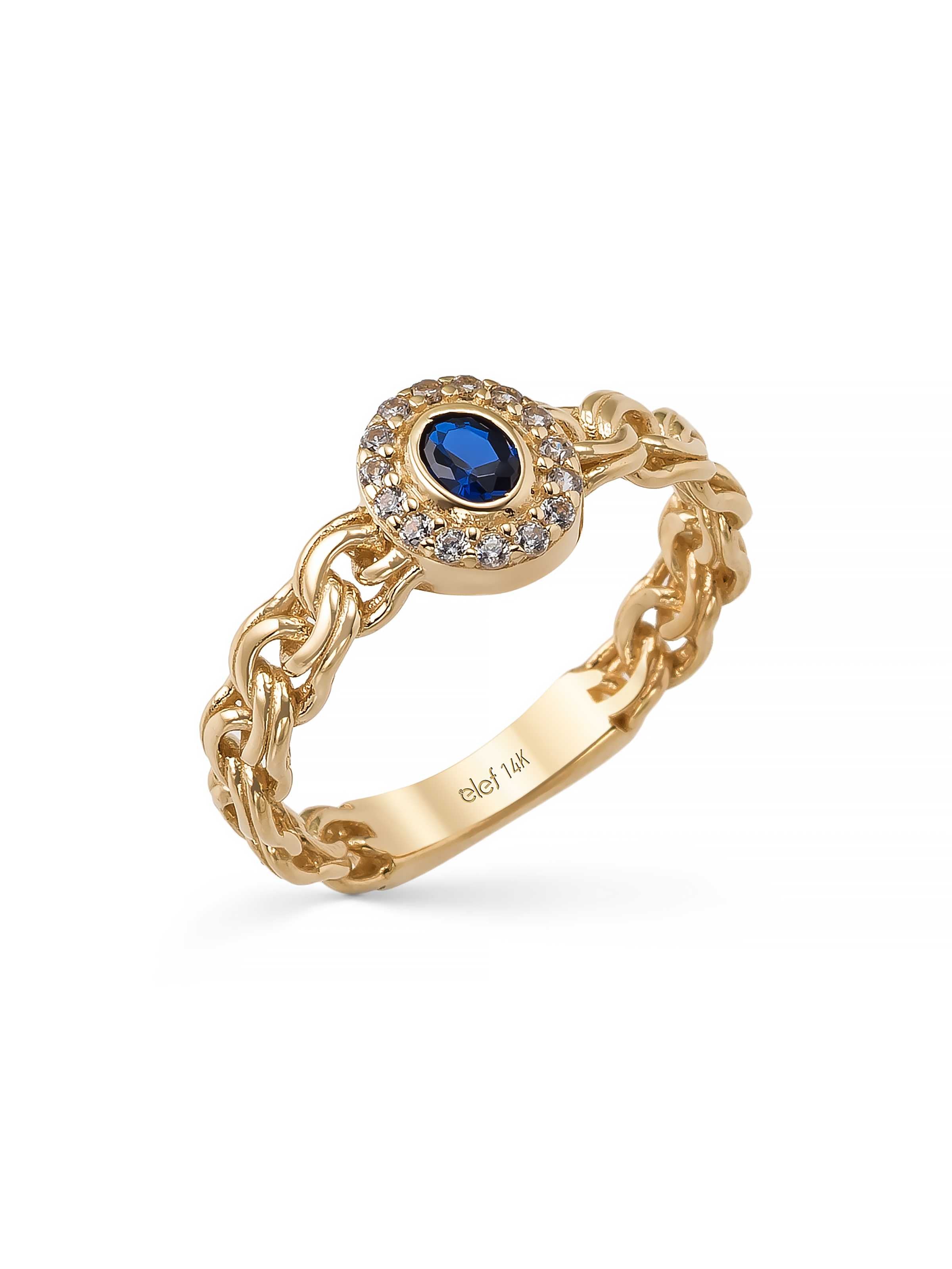 Oval Safir Rengi Taşlı Zincir Formlu 14K Altın Yüzük - Elef Kuyumculuk