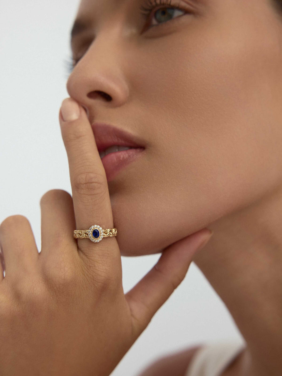 Oval Safir Rengi Taşlı Zincir Formlu 14K Altın Yüzük