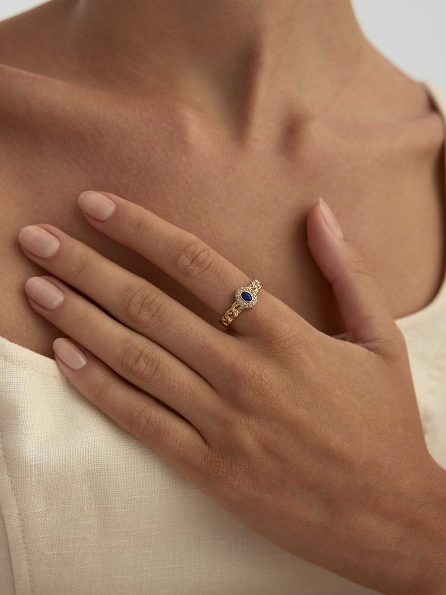 Oval Safir Rengi Taşlı Zincir Formlu 14K Altın Yüzük