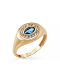 Oval Safir Rengi ve Halo Taşlı 14K Altın Yüzük - Elef Kuyumculuk