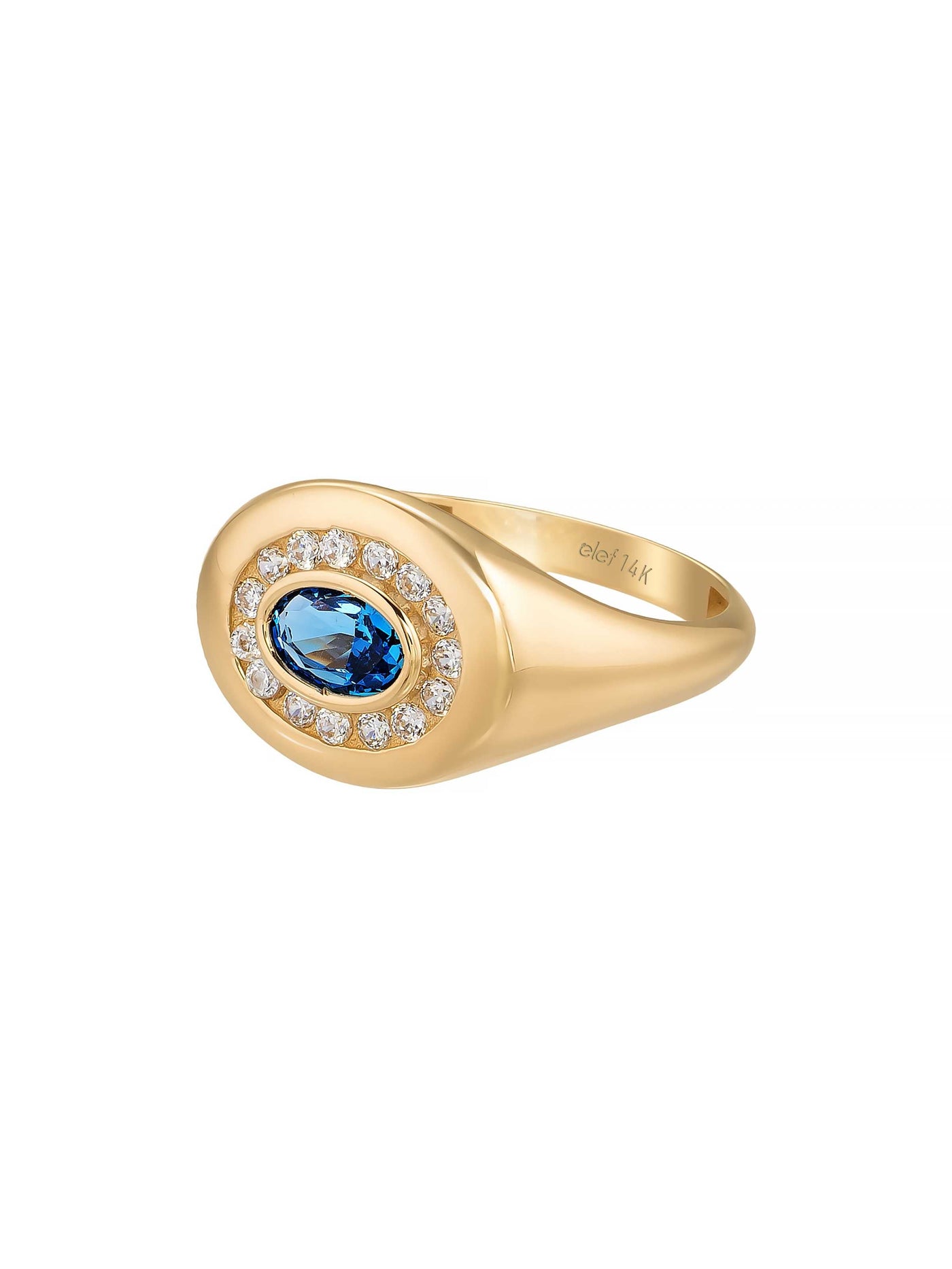 Oval Safir Rengi ve Halo Taşlı 14K Altın Yüzük - Elef Kuyumculuk