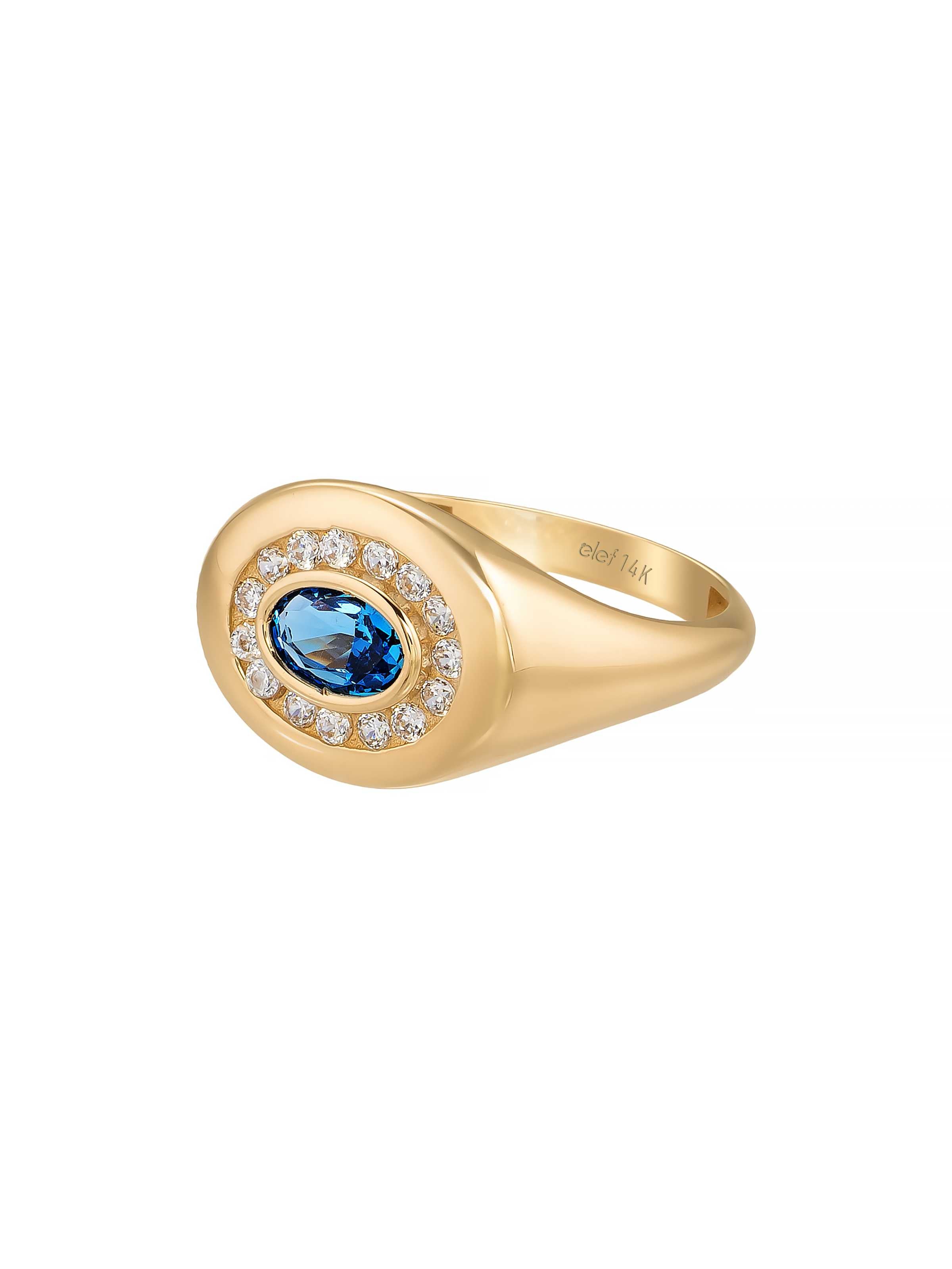 Oval Safir Rengi ve Halo Taşlı 14K Altın Yüzük - Elef Kuyumculuk