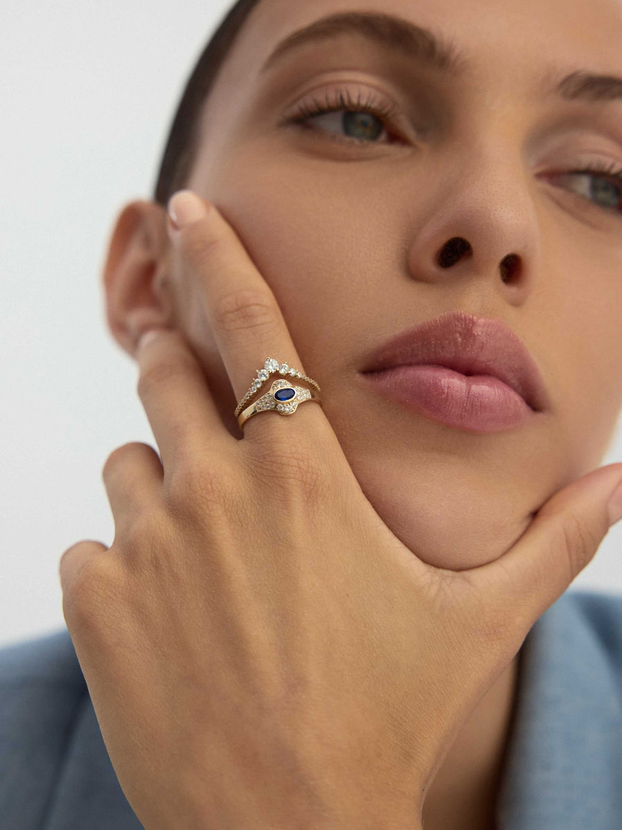 Oval Safir Rengi ve Pırlanta Görünümlü Vintage 14K Altın Yüzük