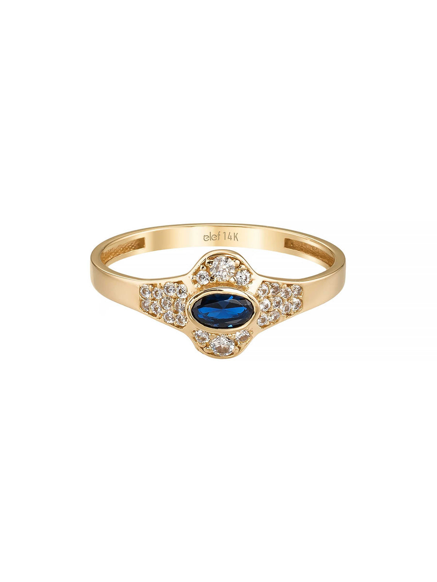 Oval Safir Rengi ve Pırlanta Görünümlü Vintage 14K Altın Yüzük