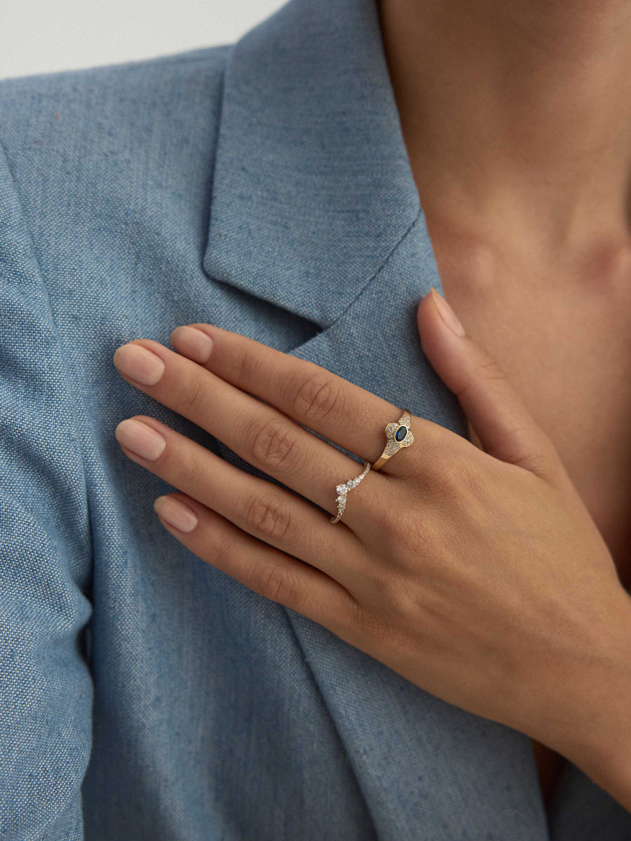 Oval Safir Rengi ve Pırlanta Görünümlü Vintage 14K Altın Yüzük