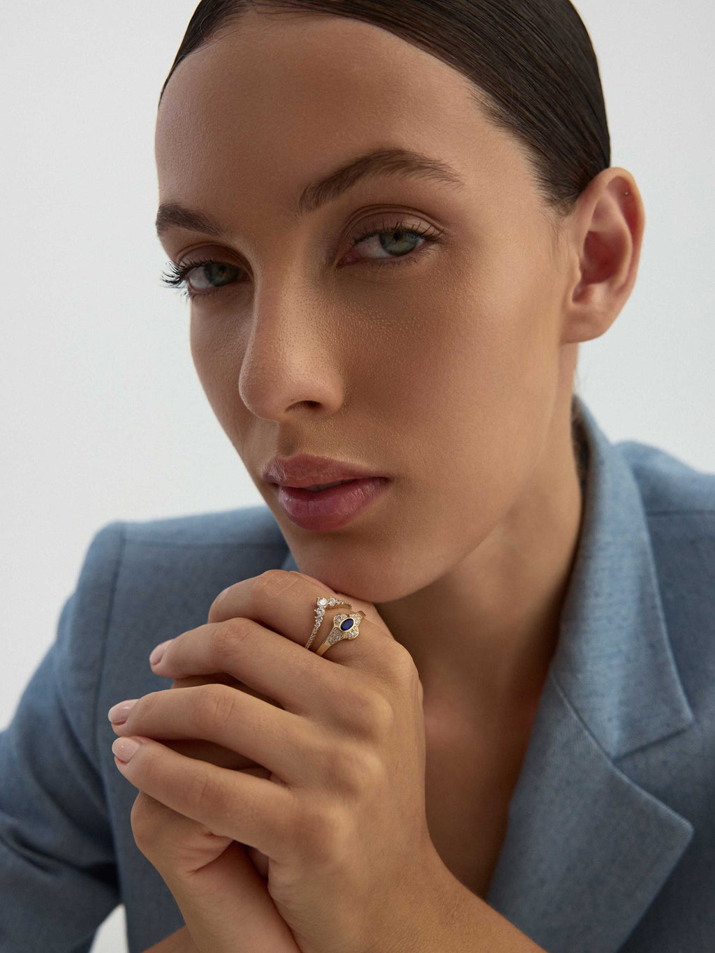 Oval Safir Rengi ve Pırlanta Görünümlü Vintage 14K Altın Yüzük - Elef Kuyumculuk