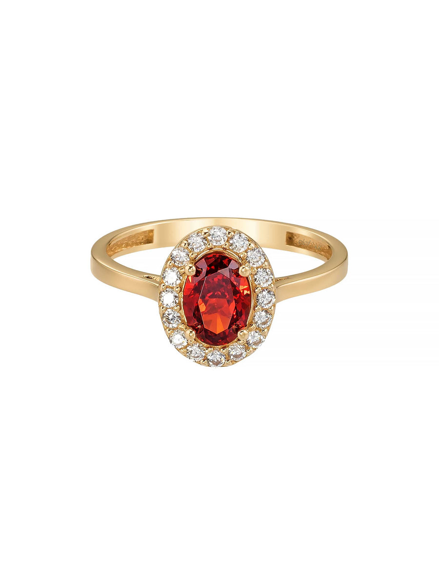 Oval Yakut Rengi Taşlı Halo 14K Altın Yüzük