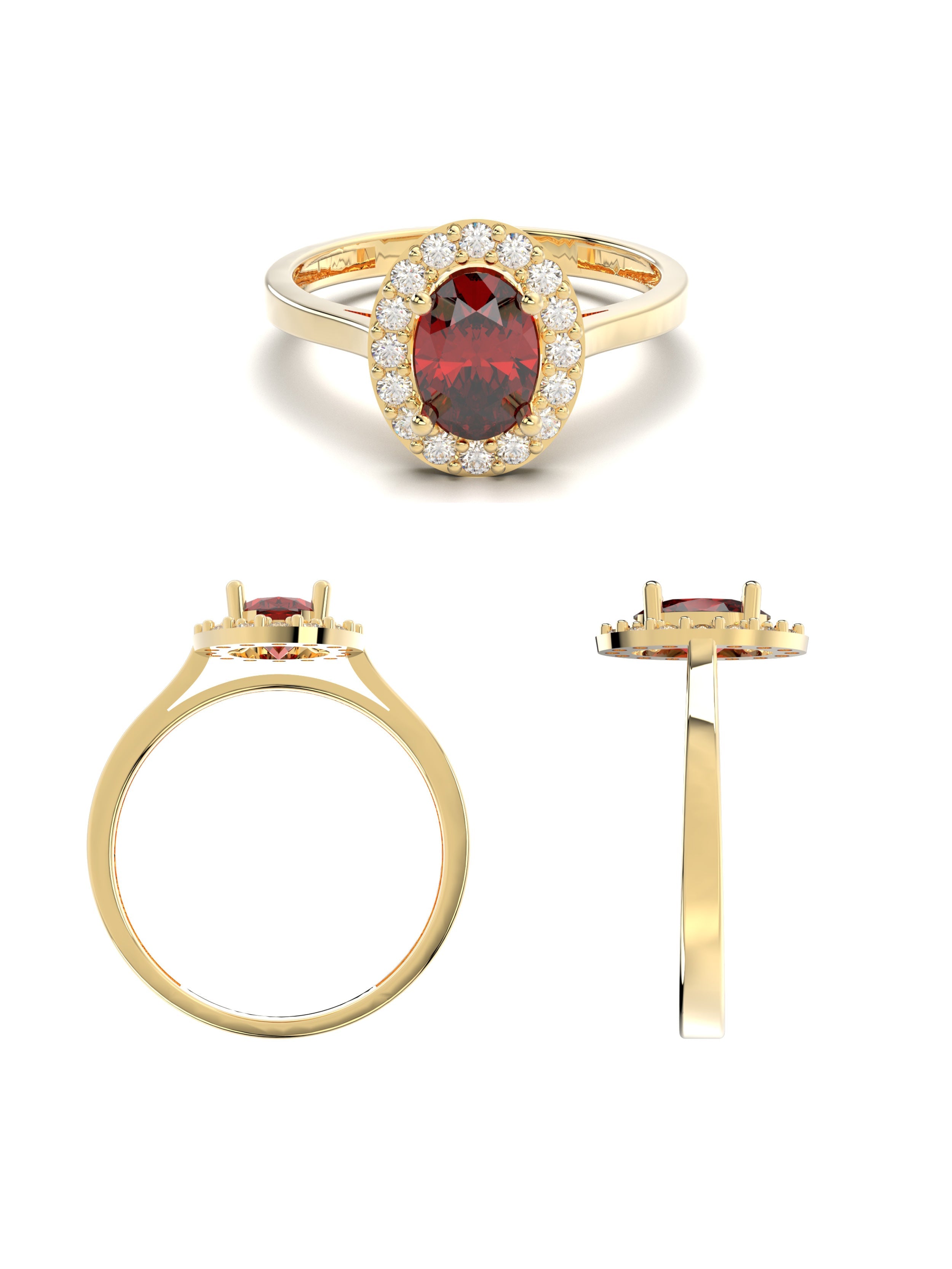 Oval Yakut Rengi Taşlı Halo 14K Altın Yüzük - Elef Kuyumculuk
