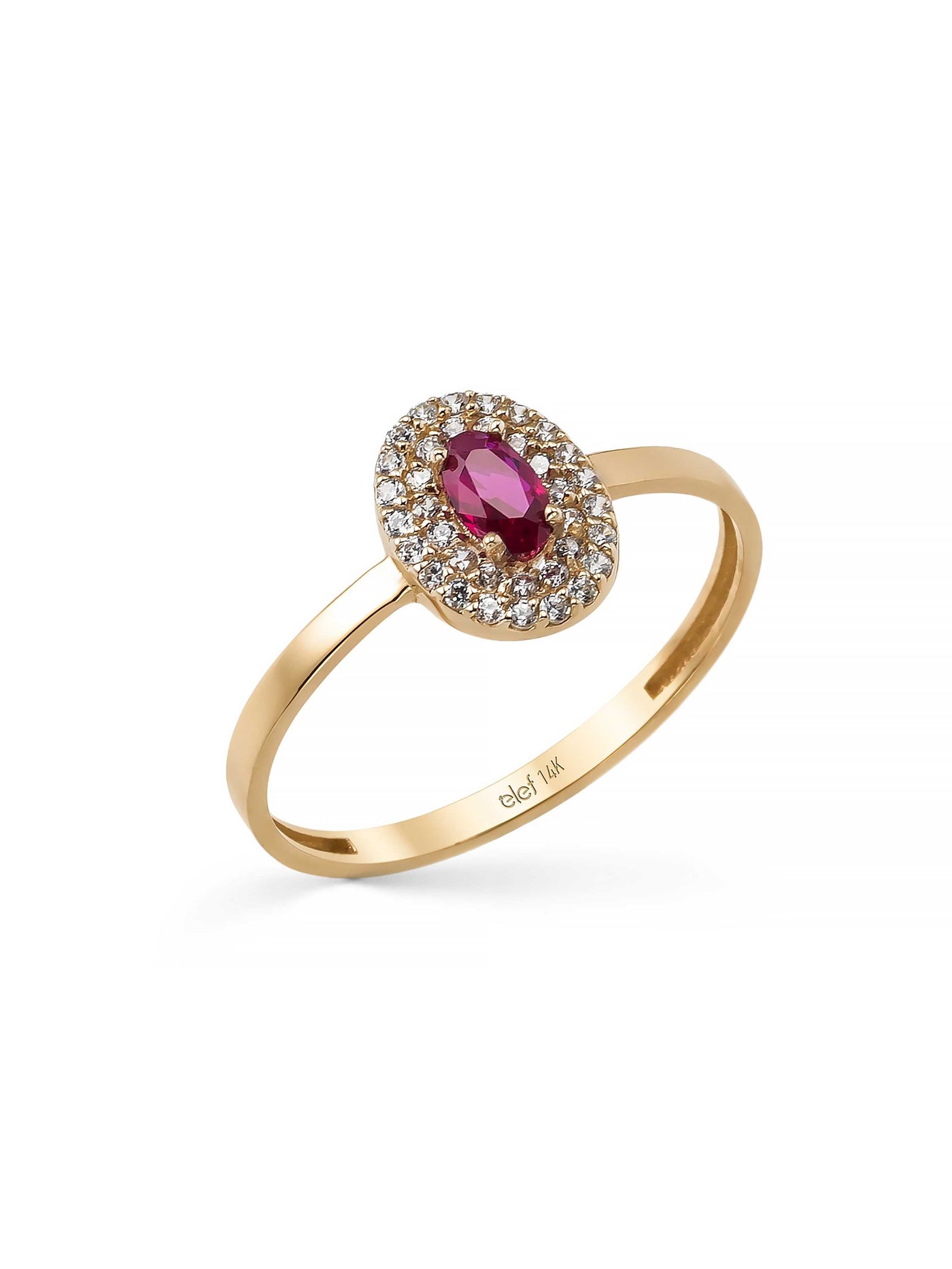 Oval Yakut Rengi Taşlı Halo 14K Altın Yüzük - Elef Kuyumculuk