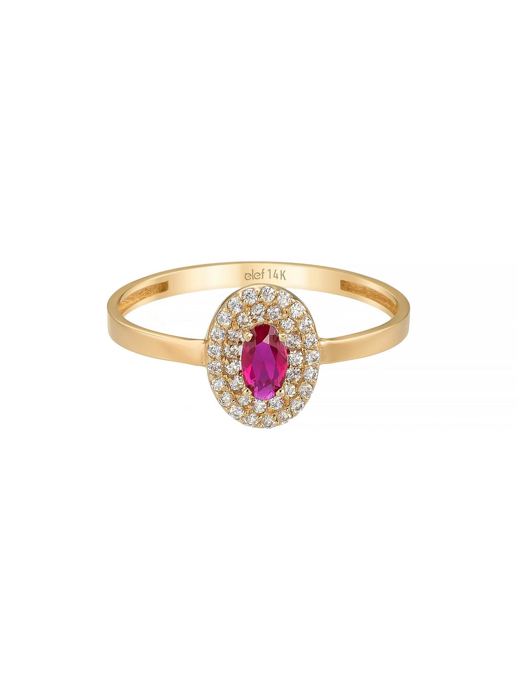 Oval Yakut Rengi Taşlı Halo 14K Altın Yüzük - Elef Kuyumculuk