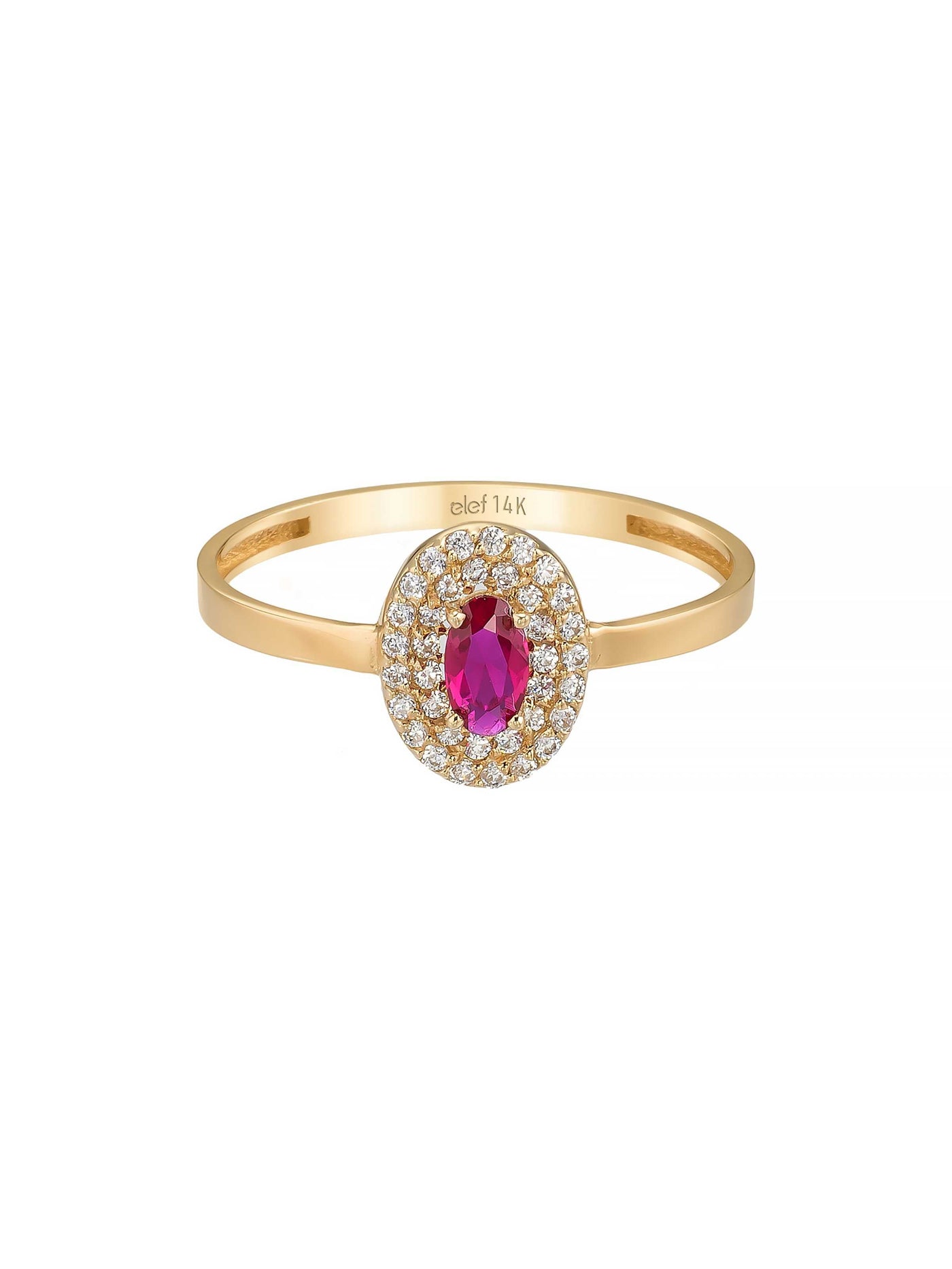 Oval Yakut Rengi Taşlı Halo 14K Altın Yüzük - Elef Kuyumculuk
