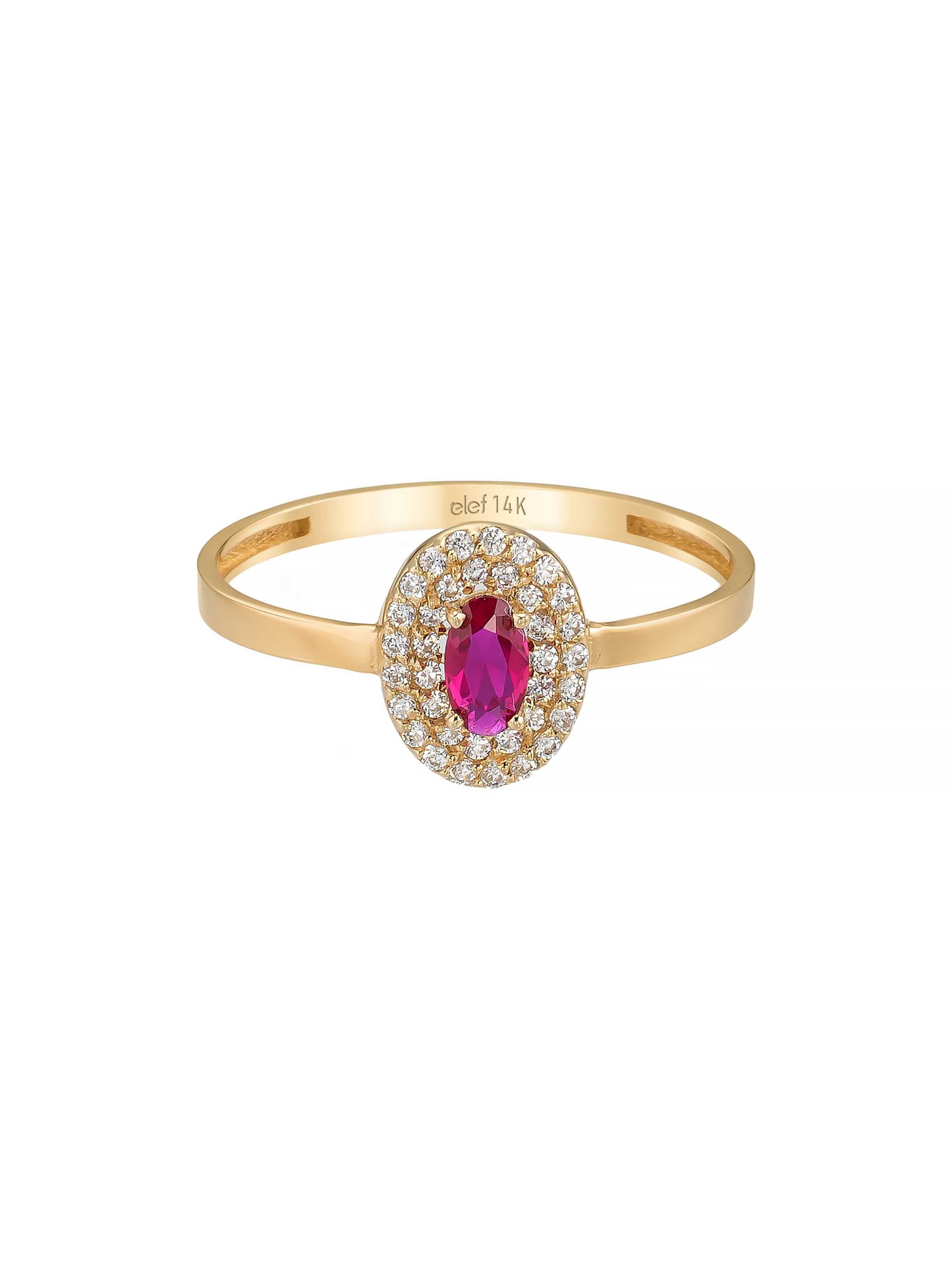 Oval Yakut Rengi Taşlı Halo 14K Altın Yüzük - Elef Kuyumculuk