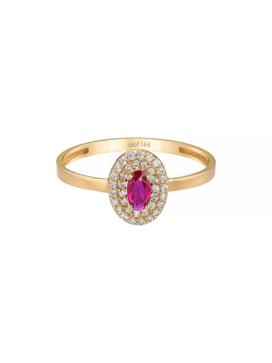 Oval Yakut Rengi Taşlı Halo 14K Altın Yüzük