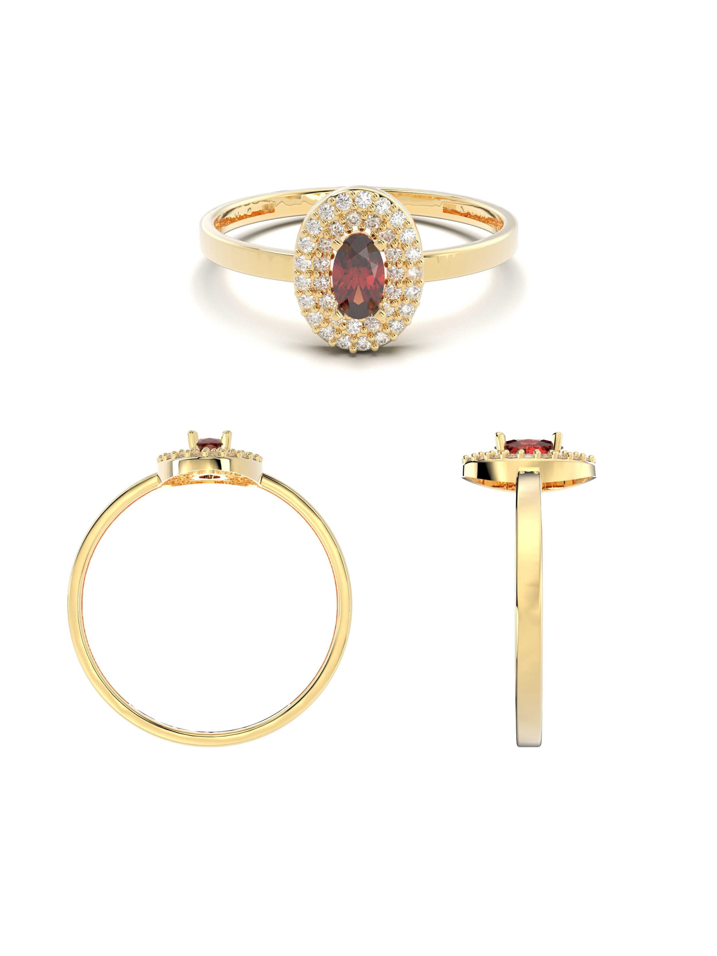 Oval Yakut Rengi Taşlı Halo 14K Altın Yüzük - Elef Kuyumculuk