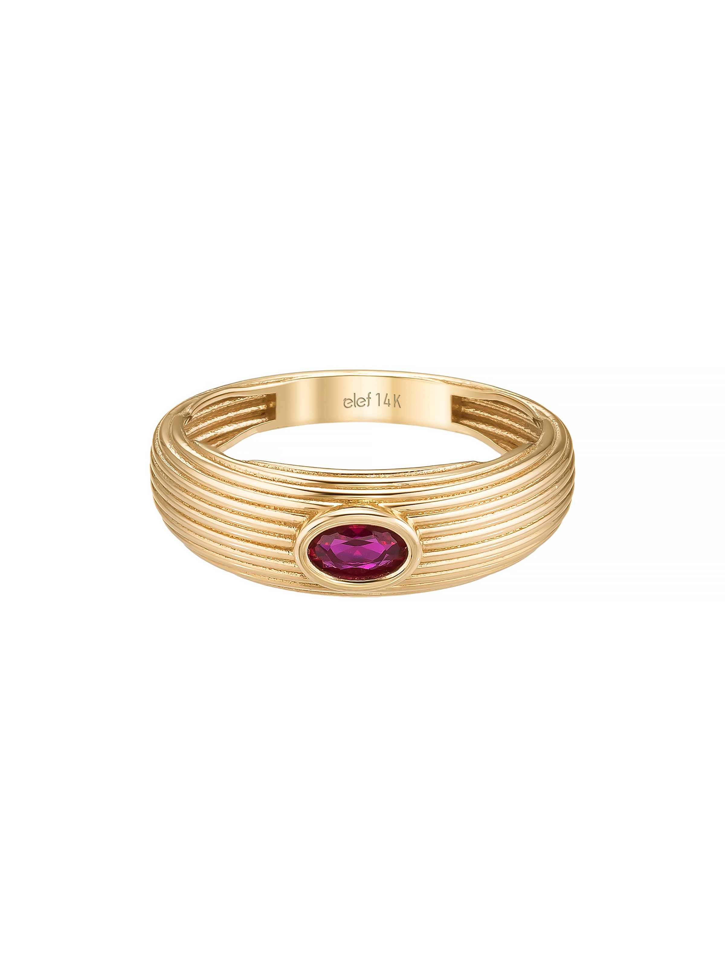 Oval Yakut Rengi Taşlı Modern Relief 14K Altın Yüzük - Elef Kuyumculuk