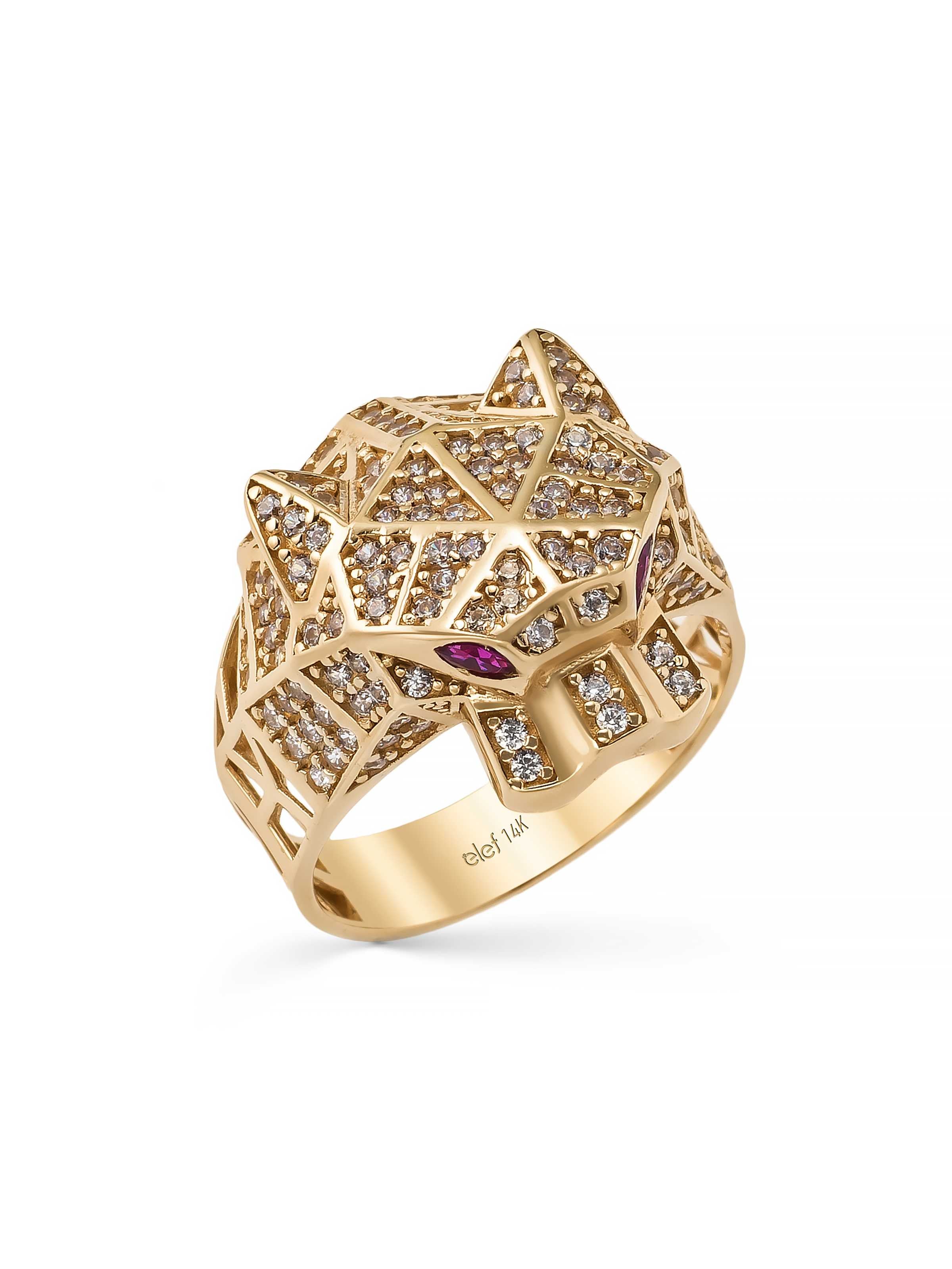 Panter Figürlü Geometrik 14K Altın Yüzük - Elef Kuyumculuk
