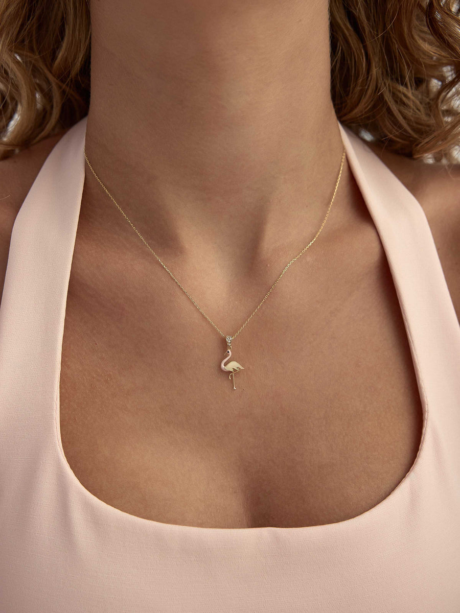 Pembe Mine Detaylı Flamingo 14K Altın Kolye