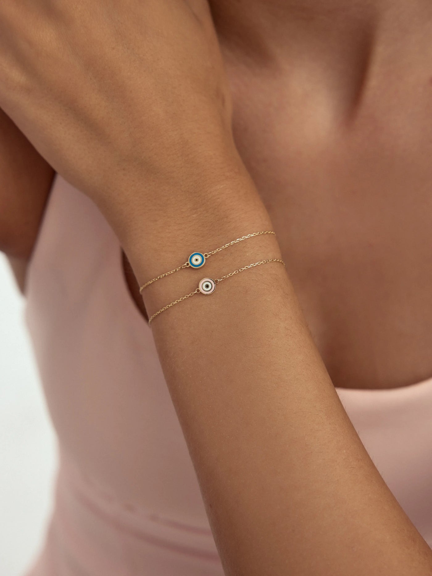 Pembe Mineli Nazar Boncuklu 14K Altın Bileklik - Elef Kuyumculuk