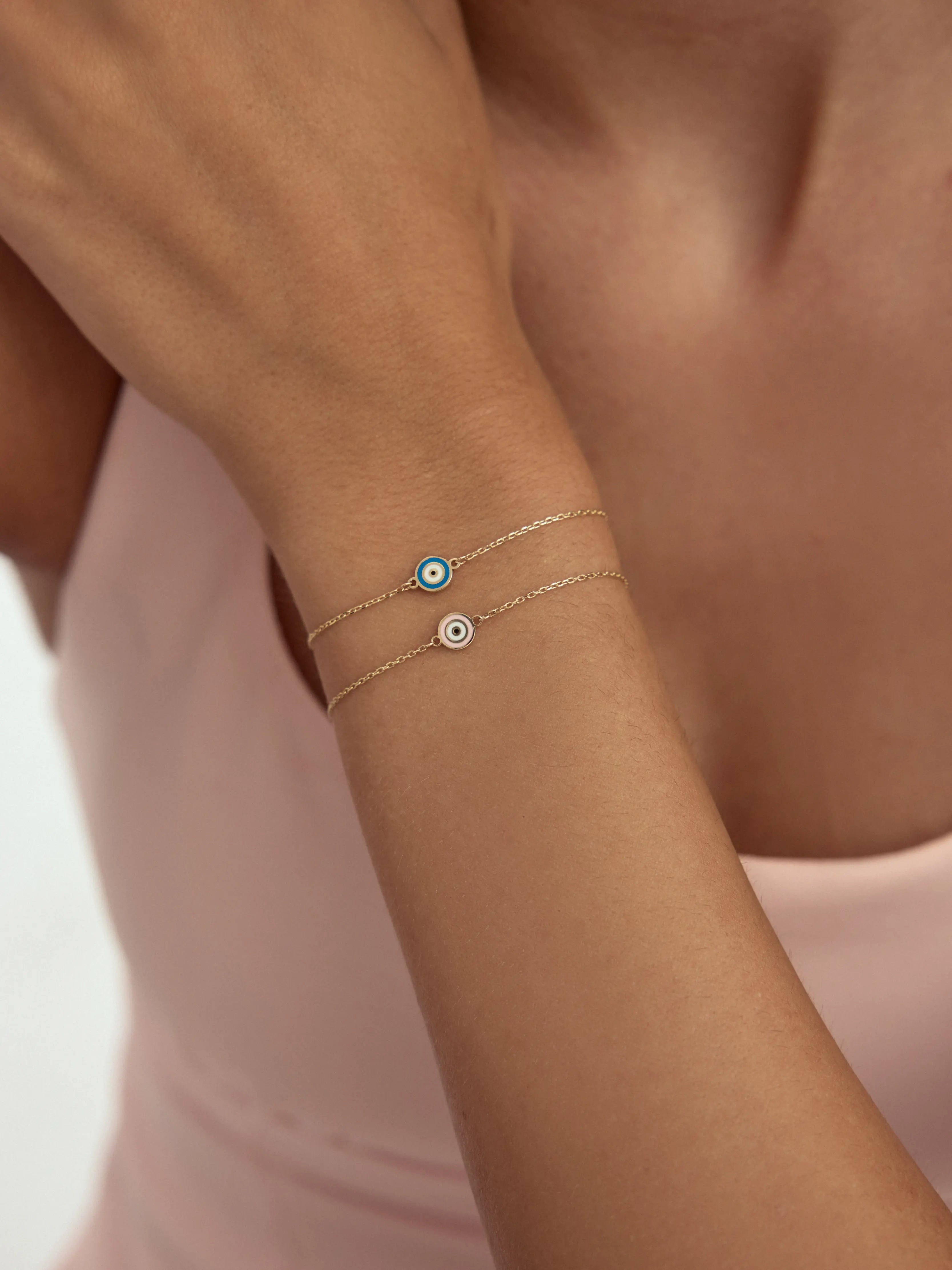 Pembe Mineli Nazar Boncuklu 14K Altın Bileklik - Elef Kuyumculuk