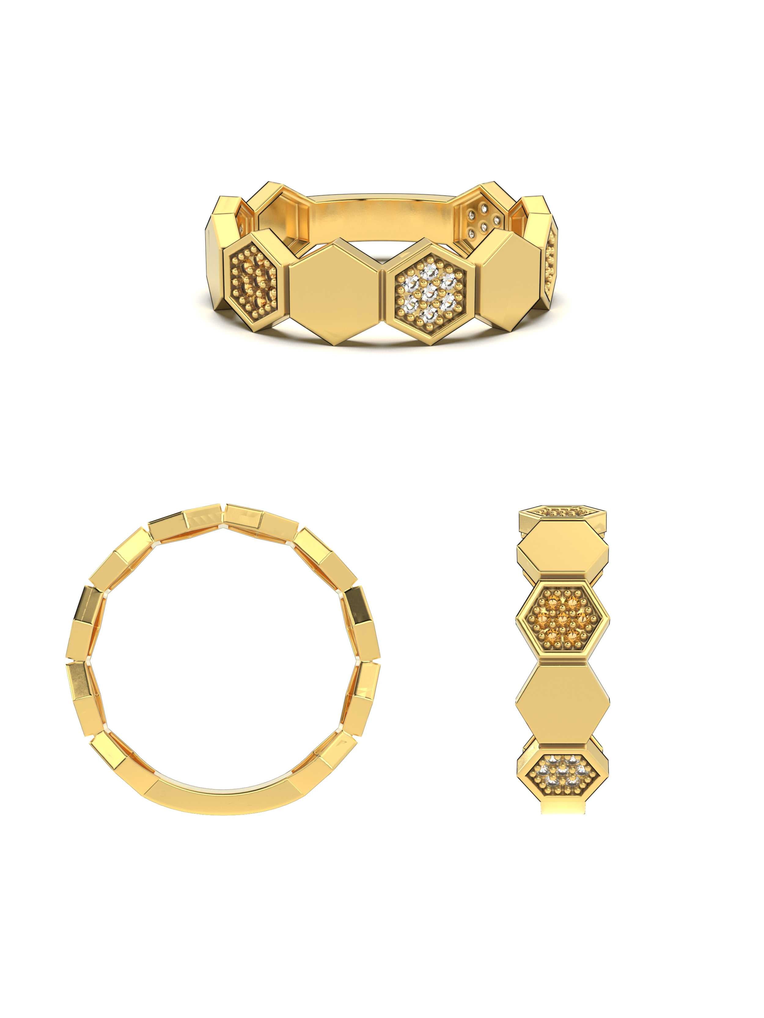 Petek Formlu Taşlı Modern 14K Altın Yüzük - Elef Kuyumculuk