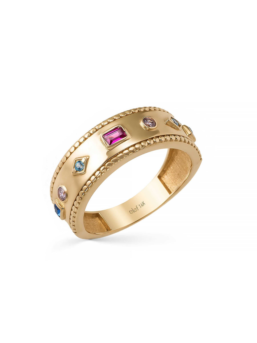 Renkli Taşlı Modern Tamtur 14K Altın Yüzük