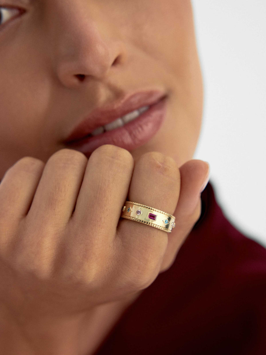 Renkli Taşlı Modern Tamtur 14K Altın Yüzük