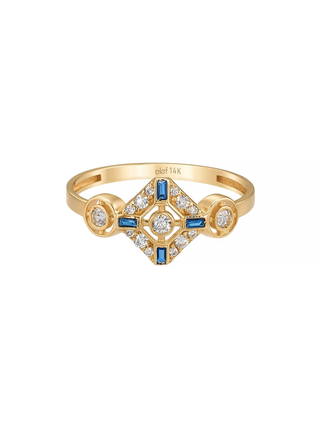 Safir Rengi Baget ve Yuvarlak Taşlı Geometrik 14K Altın Yüzük - Elef Kuyumculuk