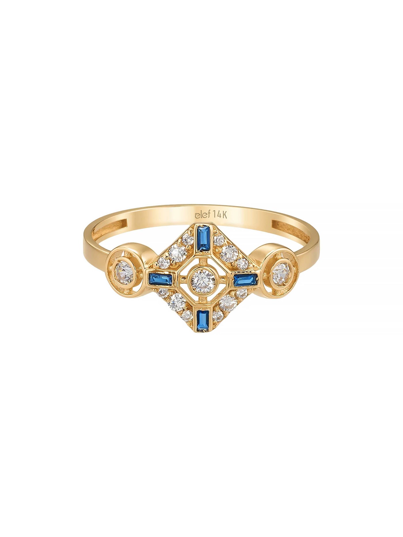 Safir Rengi Baget ve Yuvarlak Taşlı Geometrik 14K Altın Yüzük - Elef Kuyumculuk
