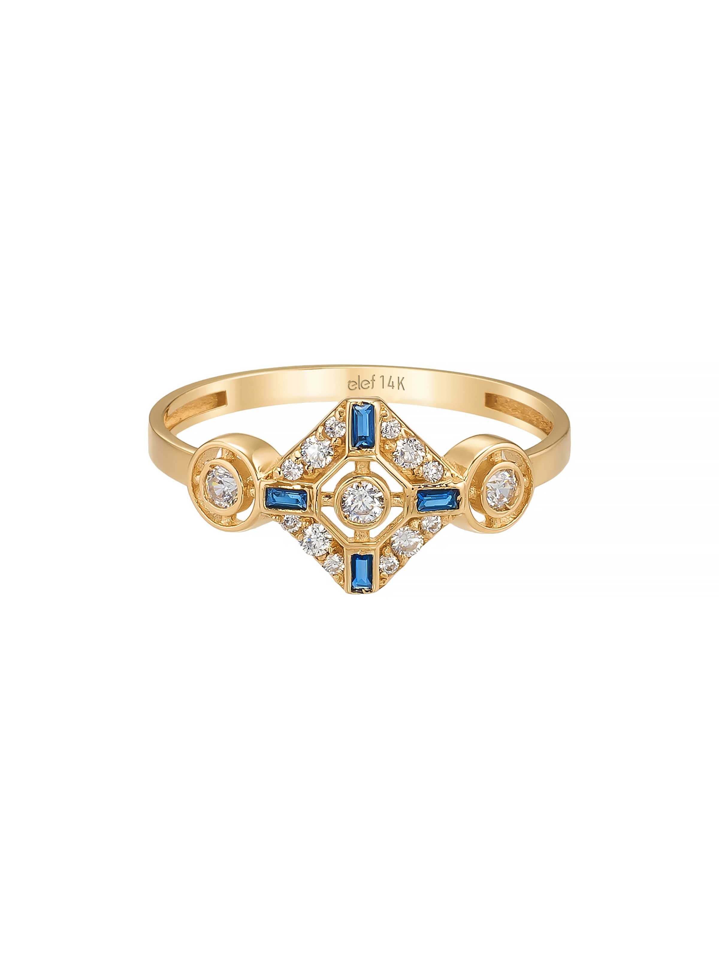 Safir Rengi Baget ve Yuvarlak Taşlı Geometrik 14K Altın Yüzük - Elef Kuyumculuk