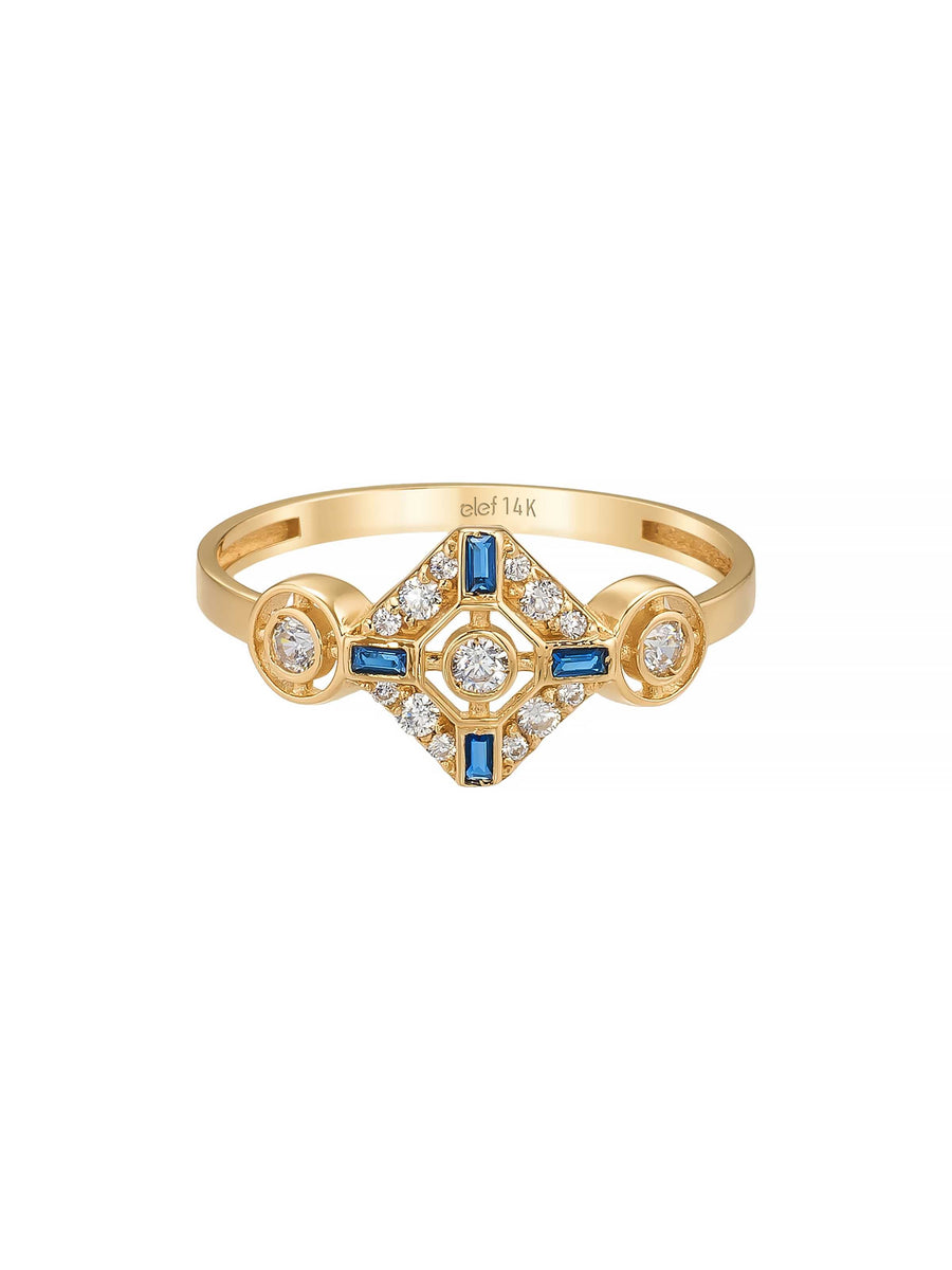 Safir Rengi Baget ve Yuvarlak Taşlı Geometrik 14K Altın Yüzük