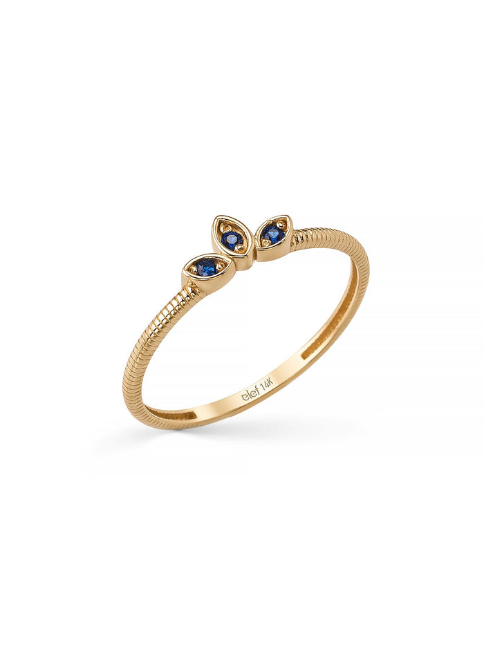 Safir Rengi Taşlı Lotus Motifli 14K Altın Yüzük