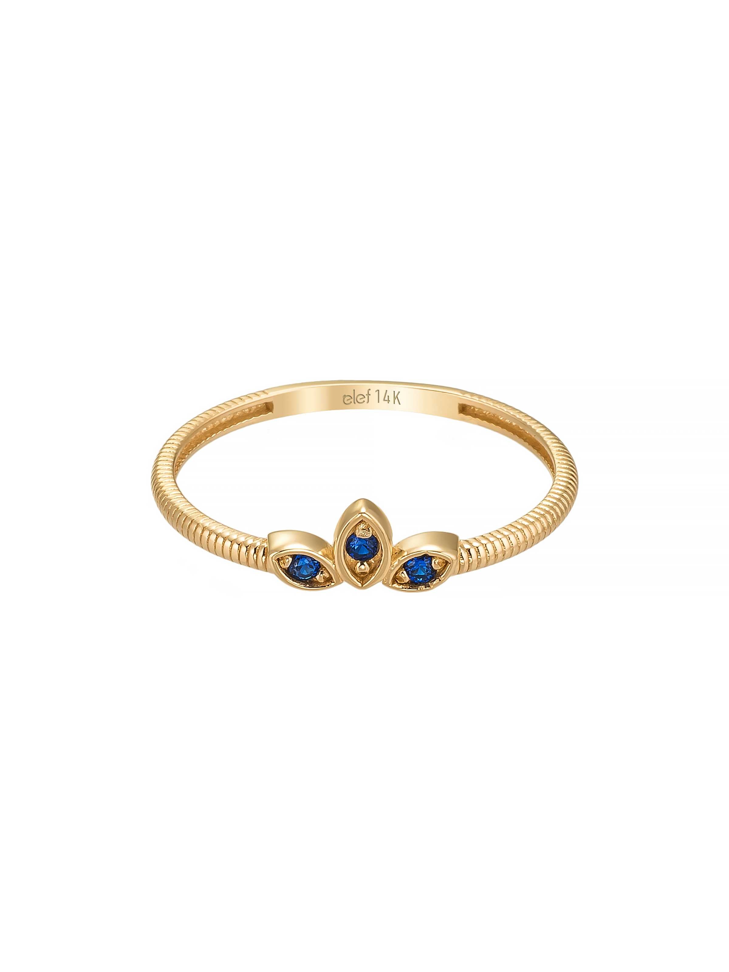 Safir Rengi Taşlı Lotus Motifli 14K Altın Yüzük - Elef Kuyumculuk