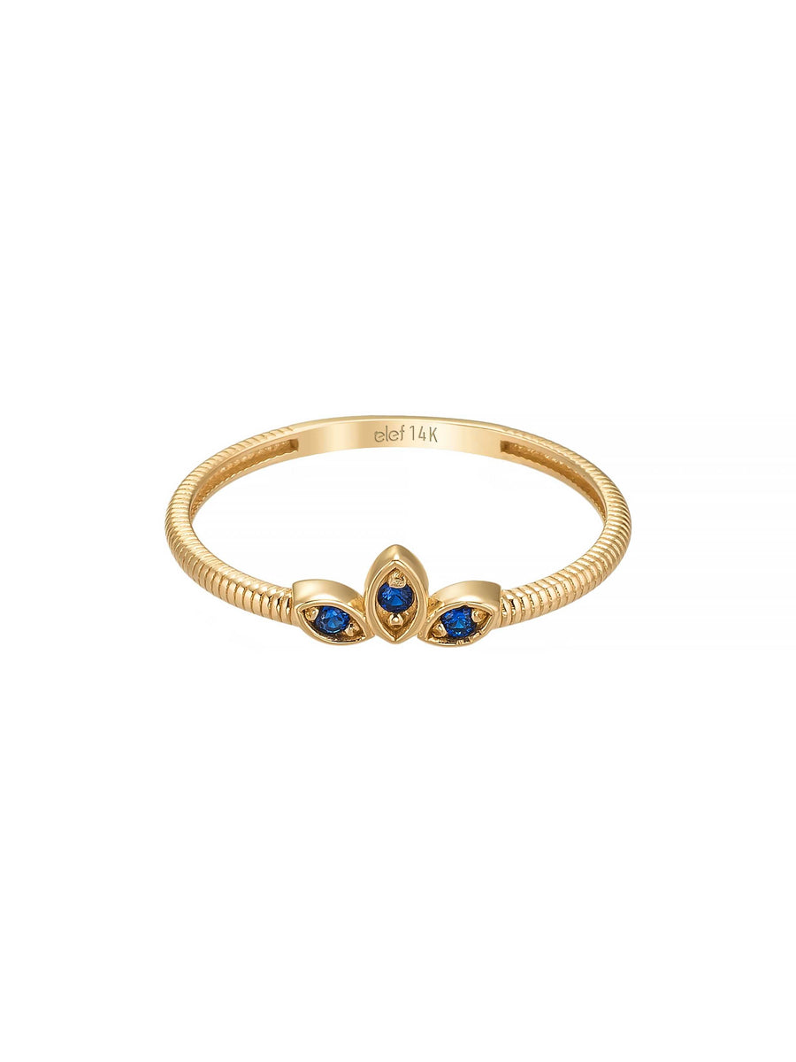 Safir Rengi Taşlı Lotus Motifli 14K Altın Yüzük