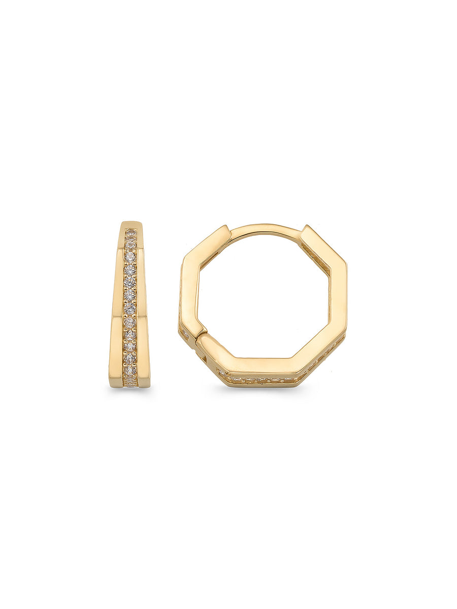 Sekizgen Form Sıralı Taşlı Halka 14K Altın Küpe