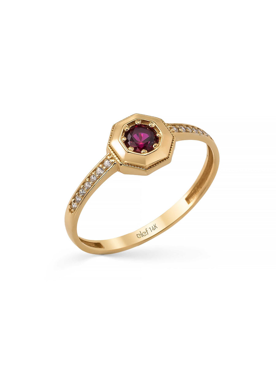Sekizgen Yakut Rengi Taşlı Vintage 14K Altın Yüzük