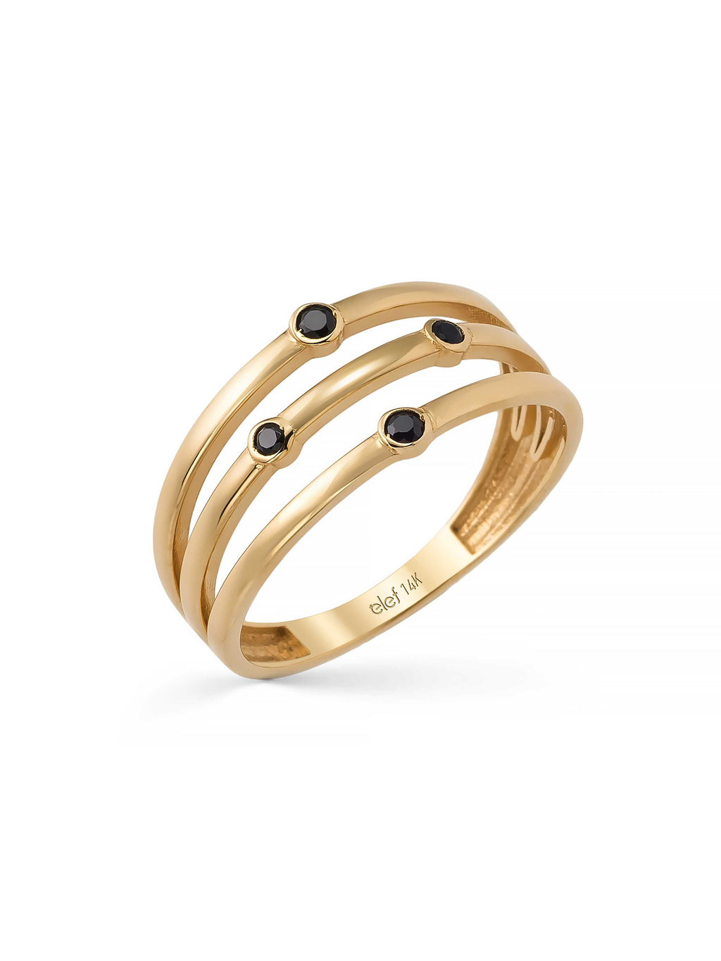 Siyah Taşlı Üç Sıralı Modern 14K Altın Yüzük - Elef Kuyumculuk