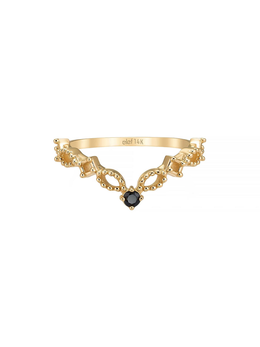 Taç Formlu Siyah Taşlı Vintage 14K Altın Yüzük