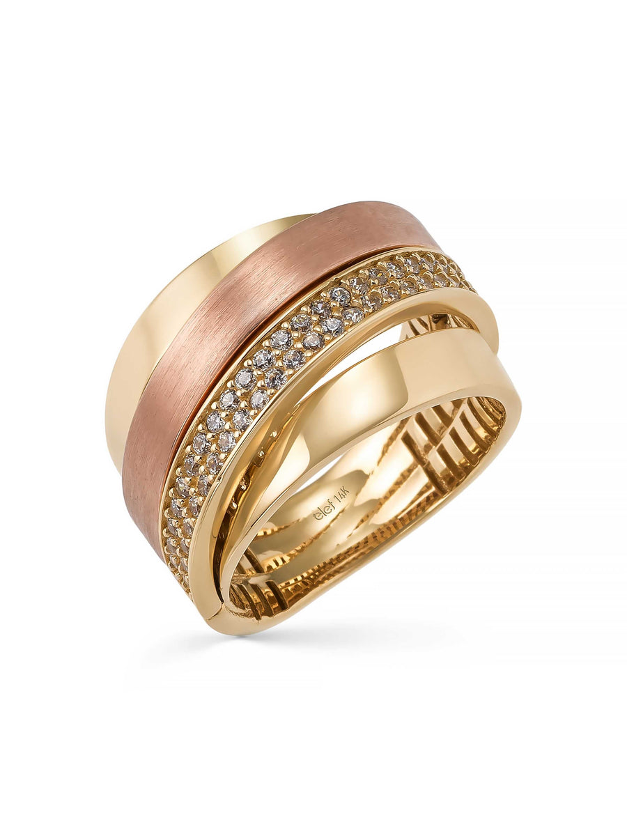 Trikolor Sıra Taşlı Modern 14K Altın Yüzük